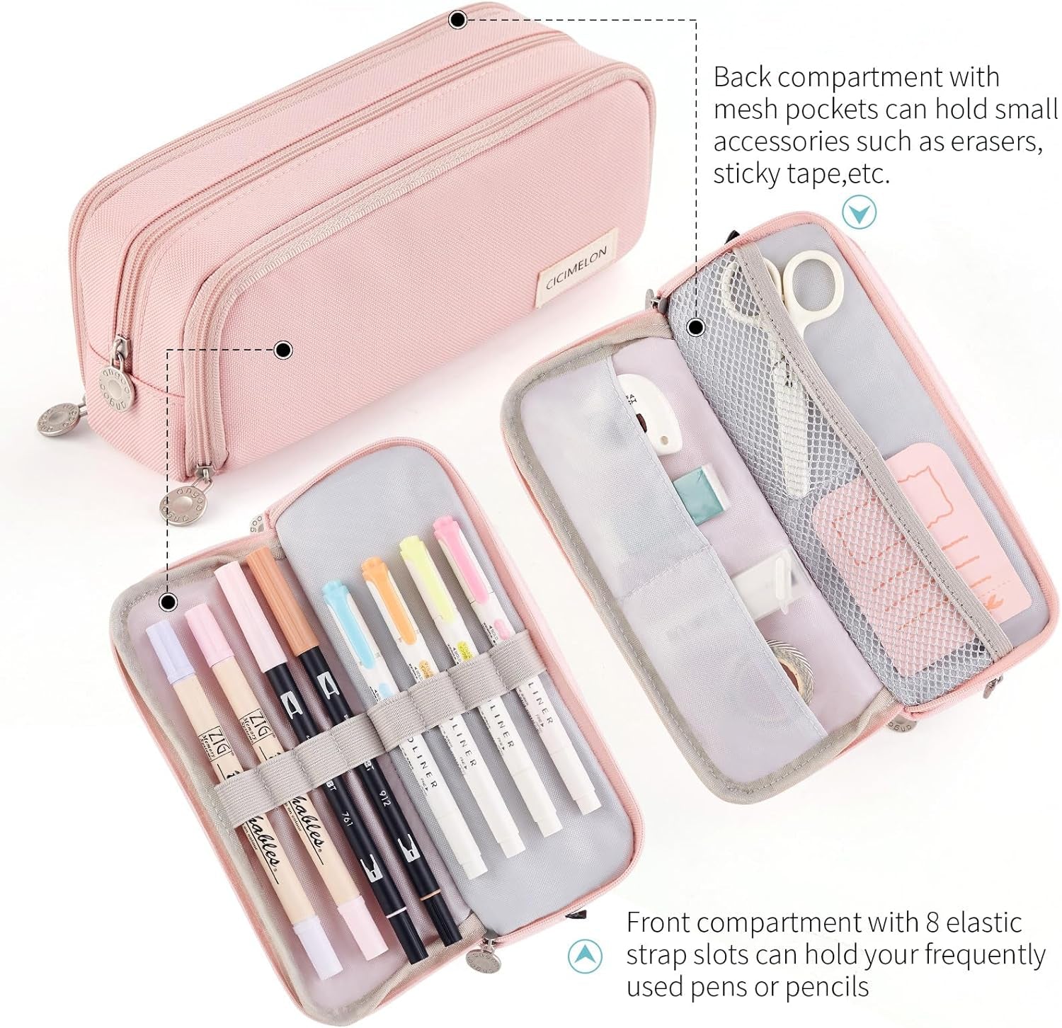 Large Capacity Pencil Case 3 Compartment Pouch Pen Bag for School Teen Girl Boy Men Women (Pink)