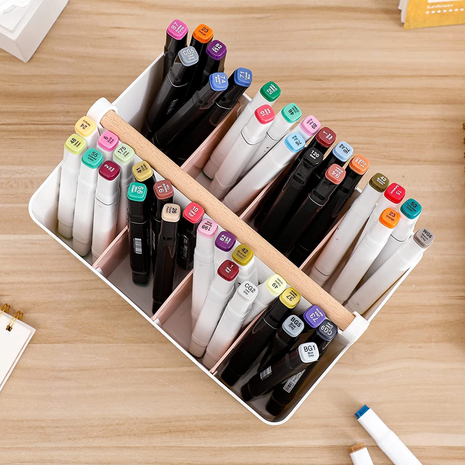 Large Marker Pen Organizer for Desk, Adjustable Pencil Holder for Home Office, Plastic Storage Basket with Wooden Handle for School, Classroom, Art Crafts Supply Caddy (White/Pink - 2 Pack)