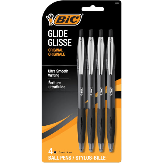 Glide Retractable Ballpoint Black Pens, Medium Point, 1.0 Mm, Black Ink, Pack of 4