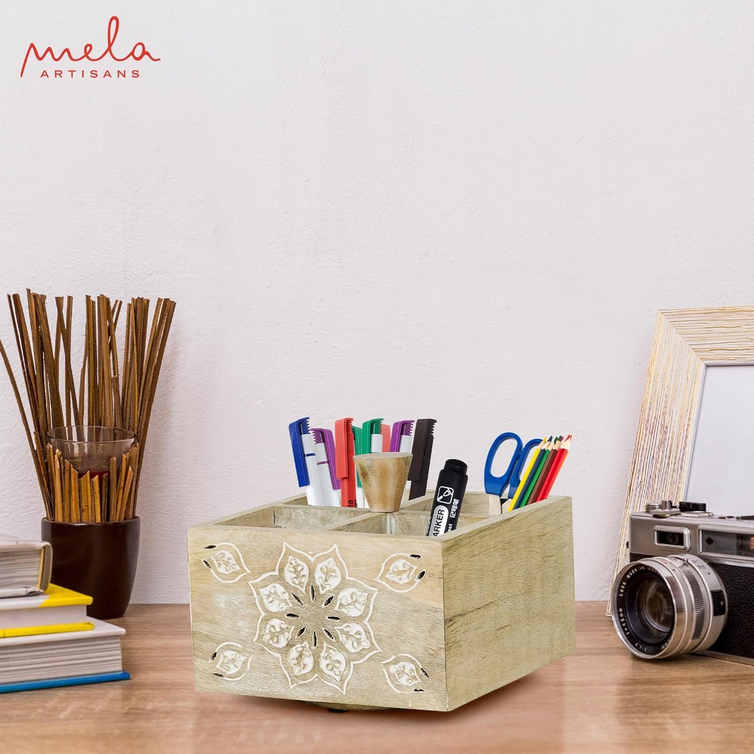 Spinning Wooden Pen Holder - Serena, Whitewash | Pencil Cups for Desktop Organization | Rustic Farmhouse Decor | Elegant Office Desk Accessories | 4 Storage Compartments