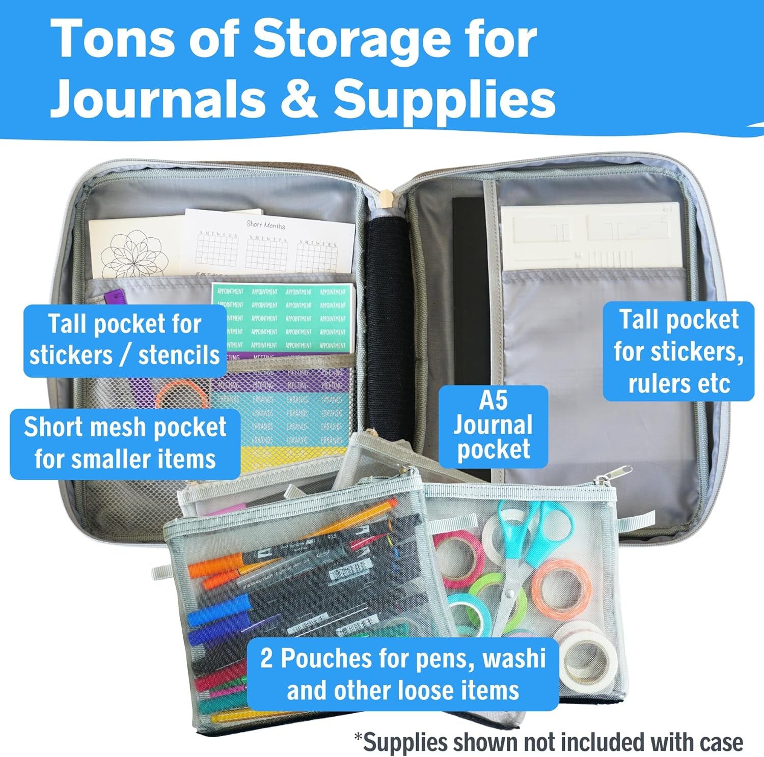Journal Supplies Storage Case (Gray - Large) - Custom Travel Organizer Holder for B5 Planner, Pens, Journal Supplies and Accessories (Case Only - Supplies Not Included)