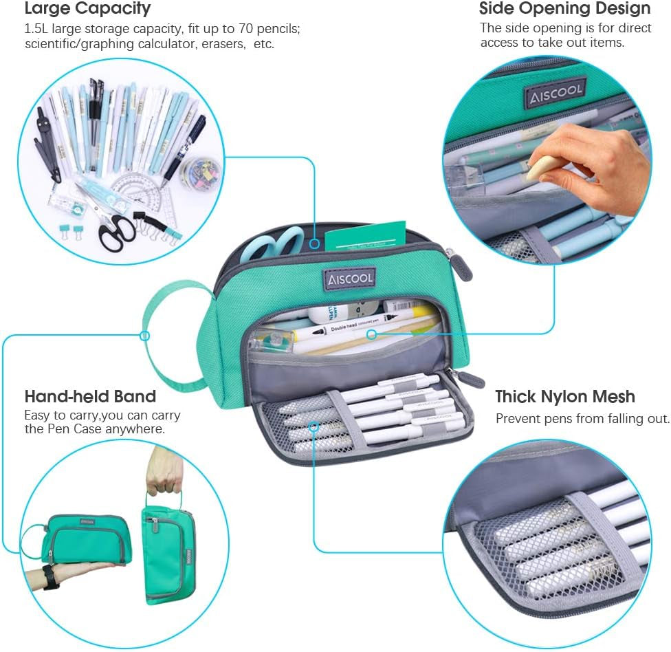 Big Capacity Pencil Case Bag Pen Pouch Holder Large Storage Stationery Organizer for School Supplies Office College (Green)