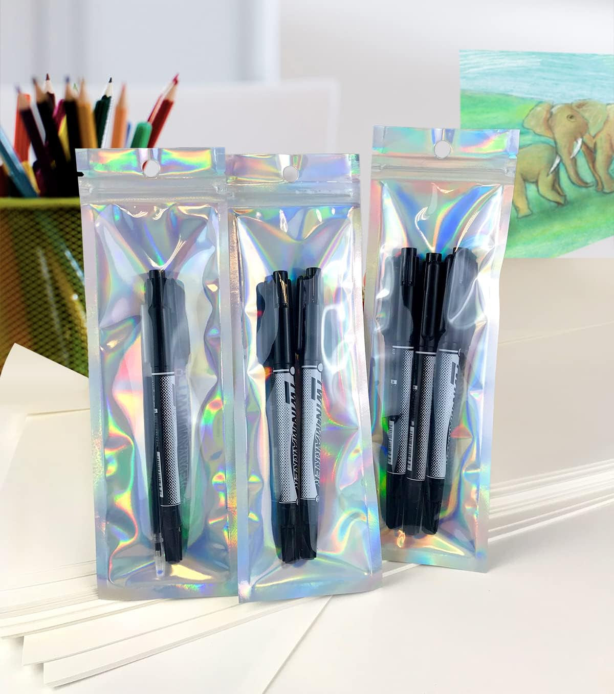 Resealable Foil Pouch Bag [100 PCS ] Great for Party Favor Food Storage (Holographic Color, 2.7 X 8.6 Inch)