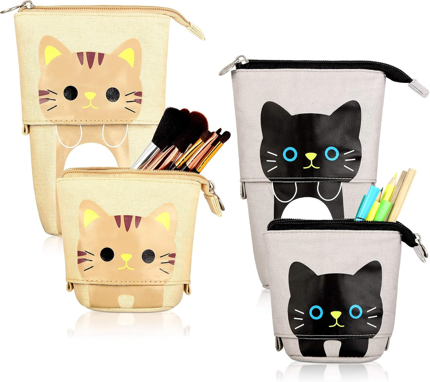 2 Pieces Cute Stand up Pencil Case Canvas PU Cat Pencil Holder Sliding Cartoon Telescopic Pencil Pouch Kitty Pen Organizer Bag with Zippers (Black and Brown Cat)