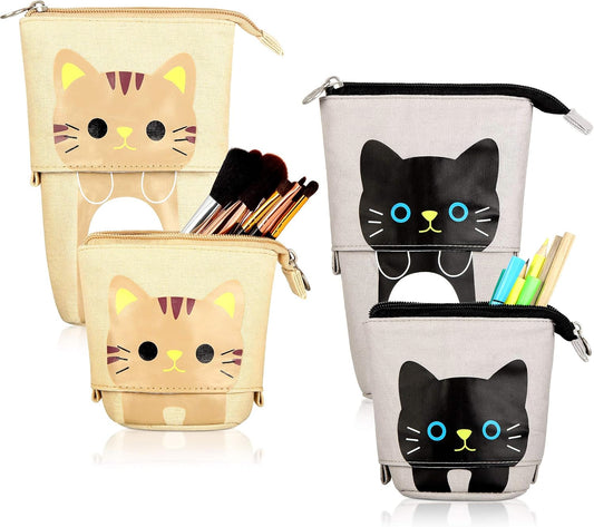 2 Pieces Cute Stand up Pencil Case Canvas PU Cat Pencil Holder Sliding Cartoon Telescopic Pencil Pouch Kitty Pen Organizer Bag with Zippers (Black and Brown Cat)