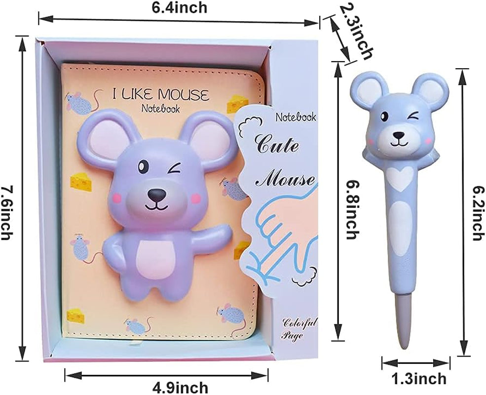 Notebook for Girls Notebooks with Squishy Animals Stress Relief Pen,Cute Decompression Journal for Women,Mouse Notebooks+One Pens
