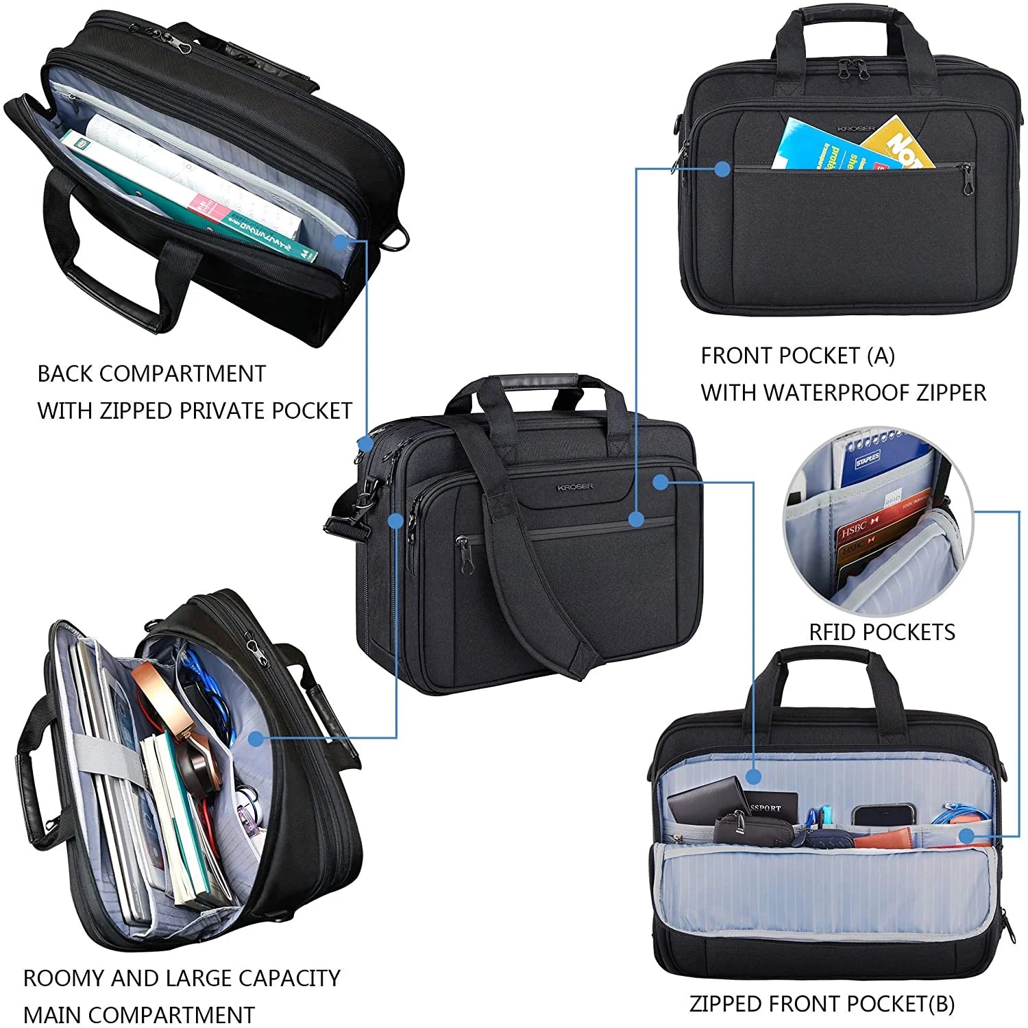 Laptop Bag Briefcase Fits up to 17.3" Laptop Shoulder Messenger Bag Computer Bag-Black