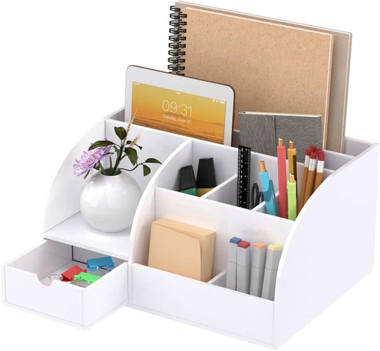 Office Desk Organizer and Accessaries, Acrylic Desk Organizer with 8 Compartments +1 Drawer, Supplies for Desk Caddy Desktop Storage Holder for Desk Accessories, Makeup, Pens