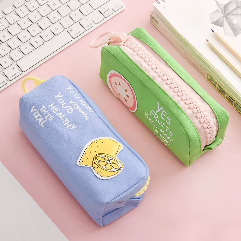 Big Zipper Fruit Pencil Bag Lemon Pineapple Canvas School Pencil Case Stationery Organizer Storage Bags for Pens Office A6628