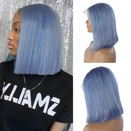 Blue Straight Lace Front Wig Human Hair Bob Deep Part 13X4 HD Lace Light Blue Bob Human Hair Wigs for Black Women 180% Density Blunt Cut Bob Colored Human Hair Lace Front Wigs 14 Inch Pre Plucked
