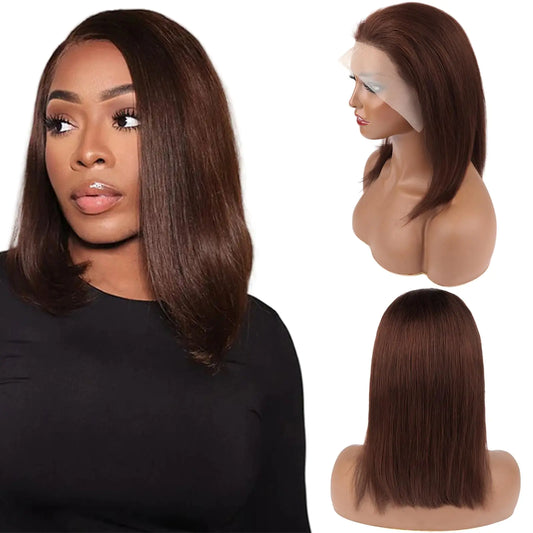 CISWER Brown 13x4 Lace Front Bob Wig Human Hair Pre Plucked Stairght 4# Colored Short Bob for Black Women Short Wig Bob 180 Density 14 Inch